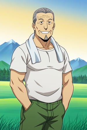 perfect anatomy, perfect proportions, best quality, masterpiece, high_resolution, high quality, aesthetic, absurdres, (male focus), solo male, adult, mature, masculine, manly, handsome, charming, alluring, solo man, old man, source_anime, anime coloring, Daisaku Mikage, SSDaisaku, grey hair, short hair, hair slicked back, black eyes, facial hair, goatee, white t-shirt, short sleeves, green pants, white towel around neck, cowboy shot, dutch angle, blue sky, outdoor, mountain, smile