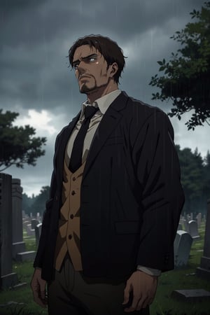 solo male, Artur Braus, Attack on Titan Anime style, shaggy brown hair, brown eyes, sideburns, stubble, white collared shirt, black necktie, black jacket, close jacket, long sleeves, black pants, middle-age, mature, handsome, charming, alluring, standing, upper body, perfect anatomy, perfect proportions, best quality, masterpiece, high_resolution, cowboy shot, photo background, green field graveyard, rainy, sad, haggard, calm
