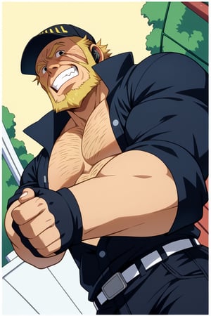 score_9, score_8_up, score_7_up, score_6_up, perfect anatomy, perfect proportions, best quality, masterpiece, high_resolution, high quality, best aesthetic, incredibly absurdres, highres, extremely detailed, huge filesize, mature, masculine, manly, virile, handsome, charming, alluring, bara, male focus, solo male, cowboy shot, dutch angle, source_anime, anime coloring, Killer T Cell, CaWBlKillerTCell, (blond hair:1.2), black eyes, sanpaku, long sideburns, facial hair, chinstrap beard, jawline beard, scar on face, scar on cheek,  (old man, wrinkle, rugged, brute face:1.4), CaWBKillerTCell_outfit, black cap, Killer T Cell cap, black earpiece, Killer T Cell uniform \(Cells at Work\), black shirt, partially unbuttoned shirt, chest hair, short sleeves, black fingerless gloves, (black long pants, black pants:1.3), grin, look at viewer, from below, low angle, Cells at Work city background, outdoors