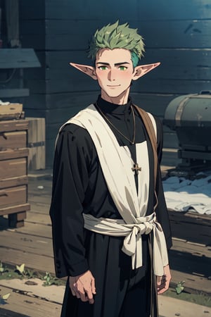 solo male, Kraft\(Frieren: Beyond Journey's End\), elf, masculine, manly, (olive green hair), short hair, undercut, multicolored hair, green eyes, pointed ears, BREAK (black clothing, above-knee-length-cassock, black short cassock with yellow-trim), (wide black pants), (white-stole:1.2), (white puttee\(legwraps\):1.2), brown shoes, necklace, mature, handsome, charming, alluring, smile, blush, standing, upper body, perfect anatomy, perfect proportions, best quality, masterpiece, high_resolution, dutch angle, cowboy shot, photo background,Kraft