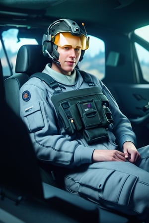 score_9,score_8_up,score_7_up, solo male, Lewis Smith \(Brave Bang Bravern\), ((blond hair)), short hair, blue eyes, (((grey pilot jumpsuit, gray pilot  jumpsuit, grey sleeves))), black tactical vest, helmet, yellow visor, (eyes behind visor), holding helmet, padded sleeves, tactical gloves, black boots, mature, handsome, charming, alluring, beefy, intense eyes, wry smile, calm, sad, fatigue, sitting, huge industrial mecha, mecha cockpit, operator's seat, throttle, joystick, seatbelt, multiple monitor screen, upper body, perfect anatomy, perfect proportions, best quality, masterpiece, high_resolution, dutch angle, photo background, science fiction, mecha, multiple monitors, cinematic, war, mecha, robot, cinematic still, emotional, harmonious, vignette, bokeh, cinemascope, moody, epic, gorgeous, city ruins, 