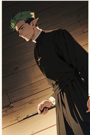 solo male, Kraft\(Frieren: Beyond Journey's End\), elf, masculine, manly, clergy, (olive green hair), short hair, undercut, multicolored hair, green eyes, pointed ears, BREAK (black above-knee-length-cassock, black cassock:1.3), button up cassock, (wide black pants), (cream-colored-clergy-stole:1.3), (white puttee\(legwraps\):1.2), brown shoes, necklace, mature, handsome, charming, alluring, standing, upper body, perfect anatomy, perfect proportions, best quality, masterpiece, high_resolution, dutch angle, cowboy shot, photo background
