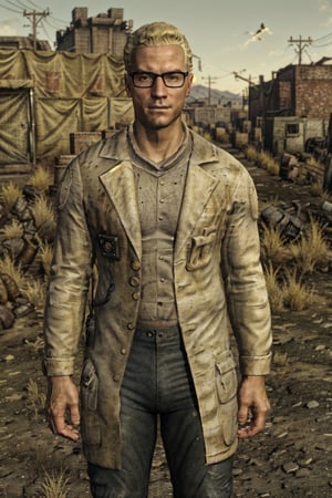 1boy, solo, Arcade Gannon, Fallout: New Vegas, doctor, scientist, 35 years old, tall, blonde hair, short hair, green eyes, wore glasses, handsome, grey collared shirt, white lab coat, military pants, black combat boots, perfect anatomy, perfect proportions, 8k, HD, HQ, (best quality:1.2, masterpiece, madly detailed photo), detailed, perfect face, perfect eye pupil, detailed eyes, high_resolution, perfecteyes, (upper body in frame, portrait), Fallout: New Vegas location, Mojave Wasteland, post-apocalyptic ruins, desolated landscape, dark blue sky