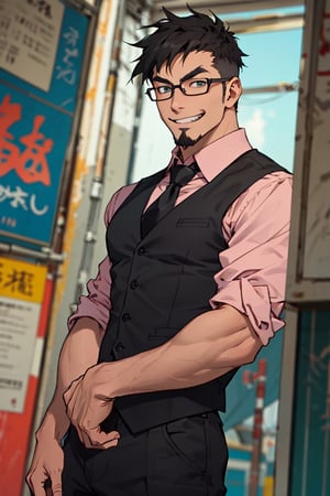 (1 image only), solo male, Jay Chiang, Great Pretender Razbliuto, Asian, Taiwanese, Taipei, 2d, anime, flat, black hair, short hair, goatee, thick eyebrows, brown eyes, glasses, (red collared shirt, grey necktie, black vest), red sleeves, sleeves rolled up, black pants, black shoes, grin, mature, handsome, charming, alluring, standing, upper body, perfect anatomy, perfect proportions, (best quality, masterpiece), (perfect eyes:1.2), perfect hands, high_resolution, dutch angle, cowboy shot