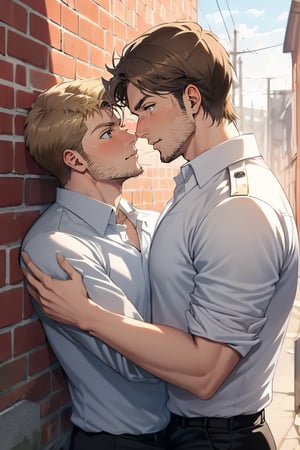 perfect anatomy, perfect proportions, perfect perspective, couple, ((2people)), first man giver (jean_kirstein, brown hair, stubble, light brown eyes),second mature man receiver(reiner braun, blond hair, stubble, hazel eyes, chiseled jaw), (( pure white collared shirt, roll-up sleeves)), short hair, stubble, dilf, different hair style, different hair color, different face, makeout, eye contact, gay, homo, slight shy, charming, alluring, seductive, highly detailed face, detailed eyes, perfect light, on 1910s city wall, military, retro, (best quality), (8k), (masterpiece), best quality, 1 image, rugged, manly, hunk, hug 