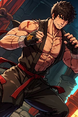 solo male, Grappler, Dungeon Fighter Online, black hair, short hair, brown eyes, thick eyebrows, forked eyebrows, stubble, green eyes, scars on face, scar on cheek, scar on chest, pectorals, pectoral cleavage, rn black dougi, black martial arts pants, red martial arts belt, yellow fingerless gloves, barefoot, bandaged hand, toned male, mature, handsome, charming, alluring, erotic, blush, shy, fighting stance
, upper body, perfect anatomy, perfect proportions, ((perfect eyes, perfect, parfect fingers)), best quality, masterpiece, high_resolution, dutch angle, photo background,1guy
