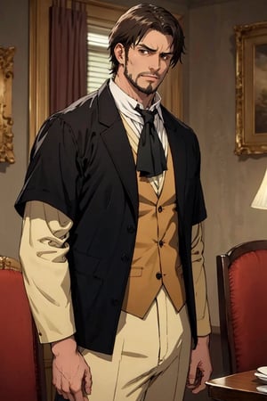 solo male, Artur Braus, shaggy brown hair, brown eyes, sideburns, stubble, 3 piect suit, white collared shirt, ((black jacket, black long jacket sleeves)), ((black sleeves)), (white cravat), black pants, holding knife, middle-age, mature, handsome, charming, alluring, standing, upper body, perfect anatomy, perfect proportions, best quality, masterpiece, high_resolution, cowboy shot, photo background, vintage dining room, calm, serious