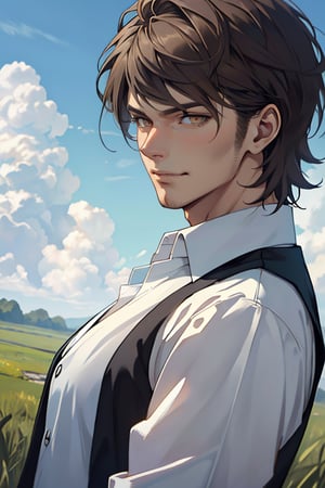 jean_kirstein, brown hair, (short hair:1.2), bangs, fade haircut, (light brown eyes, normal size eyes), almond-shaped eyes, slender eyes, wearing pure white collared shirt, (long sleeve), black vest, youthful, handsome, charming, alluring, arrogant, smirk, (standing), (upper body in frame), simple background, green plains, cloudy blue sky, perfect light, only1 image, perfect anatomy, perfect proportions, perfect perspective, 8k, HQ, (best quality:1.5, hyperrealistic:1.5, photorealistic:1.4, madly detailed CG unity 8k wallpaper:1.5, masterpiece:1.3, madly detailed photo:1.2), (hyper-realistic lifelike texture:1.4, realistic eyes:1.2), picture-perfect face, perfect eye pupil, detailed eyes, realistic, HD, UHD, (front view:1.2), portrait, looking outside frame
