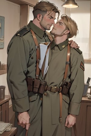 ((2peoplei)), 1 mature man giver(brown hair),1 mature dad receiver(blond hair), looking each other, ((uniform)), short hair, stubble, dilf, different hair style, different hair color, different face, makeout, eye contact, gay, homo, skight shy, charming, alluring, seductive, highly detailed face, detailed eyes, perfect light, 1910s military office room, retro, (best quality), (8k), (masterpiece), best quality, 1 image, ww1ger,  rugged, manly, hunk, perfect anatomy, perfect proportions, perfect perspective, mature, 