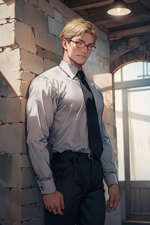 reiner braun, hazel eyes, blond hair, short hair, bare forehead, (stubble), (wore rectangular spectacles framed glasses:1.2), (light blue collared shirt:1.2, deep blue necktie:1.2, black pants), fit body, manly, hunk, masculine, virile, confidence, charming, alluring, smile, standing, (upper body in frame), 1920s artdeco style room, perfect light, perfect anatomy, perfect proportions, perfect perspective, 8k, HQ, (best quality:1.5, hyperrealistic:1.5, photorealistic:1.4, madly detailed CG unity 8k wallpaper:1.5, masterpiece:1.3, madly detailed photo:1.2), (hyper-realistic lifelike texture:1.4, realistic eyes:1.2), picture-perfect face, perfect eye pupil, detailed eyes, realistic, HD, UHD, look at viewer, solo