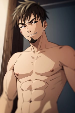 (1 image only), solo male, Jay Chiang, Asian, Taiwanese, hotel room, 2d, anime, flat, black hair, short hair, high fade, goatee, thick eyebrows, (brown eyes),  (topless, shirtless), upperbody, smirk, blush, mature, handsome, charming, alluring, portrait, perfect anatomy, perfect proportions, (best quality, masterpiece), (perfect eyes:1.2), high_resolution, dutch angle 