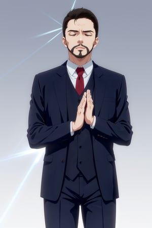 solo male, Maeda, Asobi Asobase, butler, black hair, short hair, black eyes, facial hair, dark blue 3 Piece Suit, formal, white collared shirt, red necktie, dark blue vest, dark blue jacket, dark blue pants, mature, handsome, charming, alluring, calm, polite, standing, upper body, perfect anatomy, perfect proportions, best quality, masterpiece, high_resolution, dutch angle, cowboy shot, (simple background, white background), (light rays, closed eyes, folding hands together), ( shoot lasers from his buttocks), holy light
