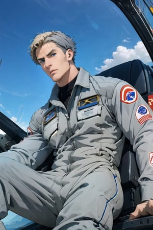 solo male, Lewis Smith \(Brave Bang Bravern\), blond hair, short hair, blue eyes, (((grey pilot jumpsuit, gray pilot  jumpsuit, grey sleeves))), black boots, mature, handsome, charming, alluring, muscular, beefy, sitting,  mecha cockpit, standing, upper body, perfect anatomy, perfect proportions, best quality, masterpiece, high_resolution, dutch angle, photo background, sky, science fiction, mecha
