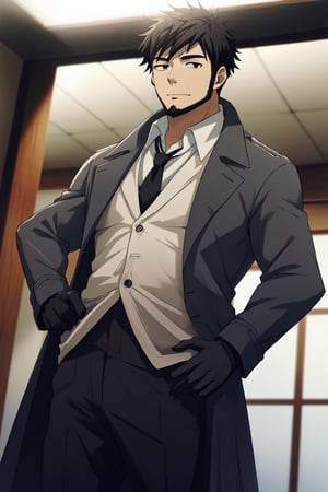 solo male, Genma Shizume, Asian, Japanese, black hair, chinstrap beard, sideburns, black eyes, calm eyes, slitty eyes, (white collared shirt, black neckti, black jacket), ((brown overcoat, open overcoat)), black pants, black gloves, mature, masculine, handsome, charming, allurin, smile, standing, upper body, hand on waist, perfect anatomy, perfect proportions, (best quality, masterpiece, high_resolution:1.3), perfect eyes, dutch angle, cowboy shot