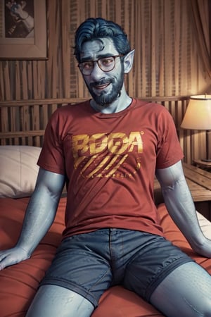 (1 image only), solo male, Wilden Lightfoot, Pixar Animation Onward, blue skin, dark blue hair, short hair, brown eyes, thick eyebrows, pointy ears, facial hair, beard, black-framed-glasses, (red t-shirt:1.2), khaki shorts, mature, bara, dilf, handsome, charming, alluring, slight smile, lying on bed, on back perfect anatomy, perfect proportions, (best quality, masterpiece), (perfect eyes, perfect eye pupil), perfect hands, high_resolution,  sitting boy