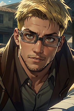 Abel, solo, Attack on Titan, white collared shirt, uniform of the Scout Regiment, green cloak, blond hair, brown eyes, goggles, thick-rimmed glasses with bands around head, light stubble on chin and cheekbones, (shaved philtrum, hairless philtrum:1.3), fit body, handsome, charming, alluring, intense gaze, gentle expression, soft expression, (standing), (upper body in frame), simple background, green plains, cloudy blue sky, perfect light, only1 image, perfect anatomy, perfect proportions, perfect perspective, 8k, HQ, (best quality:1.5, hyperrealistic:1.5, photorealistic:1.4, madly detailed CG unity 8k wallpaper:1.5, masterpiece:1.3, madly detailed photo:1.2), (hyper-realistic lifelike texture:1.4, realistic eyes:1.2), picture-perfect face, perfect eye pupil, detailed eyes, realistic, HD, UHD, (front view:1.2), portrait, looking outside frame