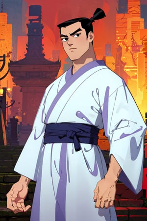 (1 image only), solo male, Samurai Jack, Cartoon Network style, Asian, Japanese, black hair, topknot, black eyes, geta, whire kimono, wide sleeves, mature, handsome, charming, alluring, standing, upper body, perfect anatomy, perfect proportions, (best quality, masterpiece), (perfect eyes), perfect hands, high_resolution, dutch angle, cowboy shot, fine art, 2d, flat