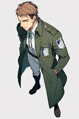 score_9, score_8_up, score_7_up, solo male, Jean Kirstein, brown hair, light-brown eyes, thin eyebrows, facial hair, stubble, (green-overcoat, long-overcoat) white collared shirt, white pants, bolo tie, combat boots, handsome, charming, alluring, (full body:1.4), perfect anatomy, perfect proportions, best quality, masterpiece, high_resolution, cowboy shot, (white background, simple background), view from above