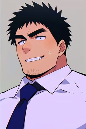 score_9, score_8_up, score_7_up, score_6_up, perfect anatomy, perfect proportions, best quality, masterpiece, high_resolution, high quality, solo male, Harumi Takeda , takeda harumi \(shiromanta\), black hair, short hair, facial hair, stubble, black eyes, thick eyebrows, sanpaku, constricted pupils, (white collared shirt), blue necktie, black pants, adult, mature, masculine, manly, handsome, charming, alluring, standing, look at viewer, grin, smile, friendly, (from below), (upper body), dutch angle, simple background, 
