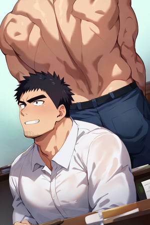 score_9, score_8_up, score_7_up, score_6_up, perfect anatomy, perfect proportions, best quality, masterpiece, high_resolution, high quality, solo male, Harumi Takeda , takeda harumi \(shiromanta\), black hair, short hair, facial hair, stubble, black eyes, thick eyebrows, sanpaku, constricted pupils, (white collared shirt), roll up sleeves, black pants, adult, mature, masculine, manly, tone, muscular, handsome, charming, alluring, standing, friendly, smile, slight blush, upper body, dutch angle, cowboy shot, simple background, BREAK office, (from behind, hands on desk), backside, ((big butt, butt focus, butt raised)), look over shoulder
