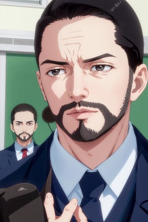 solo male, Maeda, Asobi Asobase, butler, black hair, short hair, black eyes, facial hair, dark blue 3 Piece Suit, formal, white collared shirt, red necktie, dark blue vest, dark blue jacket, dark blue pants, mature, handsome, charming, alluring, calm, polite, portrait, close-up, perfect anatomy, perfect proportions, best quality, masterpiece, high_resolution simple background, classroom,  (from below:0.9), (pathetic , disappointed:1.0), looking down, looking at viewer, pathetic \(meme\, wide angle