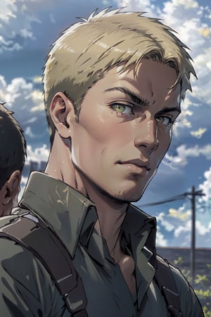 reiner_braun, (blond hair), (hazel eyes:1.3), (aquiline nose:1.2), shaved face, fit body, wearing pure military green collared shirt, handsome, charming, alluring, intense gaze, angled eyebrow, (standing), (upper body in frame), simple background, green plains, cloudy blue sky, perfect light, only1 image, perfect anatomy, perfect proportions, perfect perspective, 8k, HQ, (best quality:1.5, hyperrealistic:1.5, photorealistic:1.4, madly detailed CG unity 8k wallpaper:1.5, masterpiece:1.3, madly detailed photo:1.2), (hyper-realistic lifelike texture:1.4, realistic eyes:1.2), picture-perfect face, perfect eye pupil, detailed eyes, realistic, HD, UHD, (front view:1.2), portrait, looking outside frame,(MkmCut)