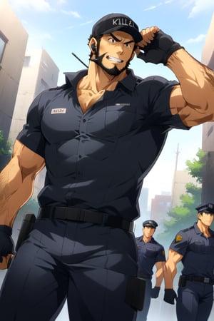 score_9, score_8_up, score_7_up, score_6_up, perfect anatomy, perfect proportions, best quality, masterpiece, high_resolution, high quality, best aesthetic, incredibly absurdres, highres, extremely detailed, huge filesize, mature, masculine, manly, virile, handsome, charming, alluring, bara, male focus, solo male, cowboy shot, dutch angle, source_anime \(Cells at Work! CODE BLACK\), anime coloring \Cells at Work! CODE BLACK\), Killer T Cell \(Cells at Work! CODE BLACK\), CaWBlKillerTCell, blond hair, black eyes, sanpaku, long sideburns, facial hair, chinstrap beard, jawline beard, scar on face, scar on cheek,  (old man, wrinkle, rugged, brute face:1.4), CaWBKillerTCell_outfit, black cap, Killer T Cell cap \(Cells at Work\), black earpiece, Killer T Cell uniform \(Cells at Work\), black shirt, partially unbuttoned shirt, chest hair, short sleeves, black fingerless gloves, (black long pants, black pants:1.3), grin, from below, Cells at Work city background, outdoors