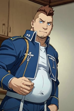 (1 image only), solo male, 1boy, Heymans Breda, Fullmetal Alchemist, anime, 2D, blue eyes, brown hair, short hair, high fade, stubble, handsome, (chubby), open pure blue military uniform, confidence, charming, alluring, upper body in frame, perfect anatomy, perfect proportions, 8k, HQ, (best quality:1.2, hyperrealistic:1.2, photorealistic:1.2, masterpiece:1.3, madly detailed photo:1.2), (hyper-realistic lifelike texture:1.2, realistic eyes:1.2), high_resolution, perfect eye pupil, dutch angle,best quality, short sleeves