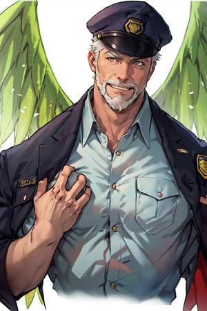 (1 image only), solo male, bara, Hogen, Tokyo Afterschool Summoners, Asain, Japanese, Tengu, old man, white hair, short hair, gold eyes, thick eyebrows, white facial hair, white beard, Japanese police uniform, Japanese police hat, pure aqua-color collared shirt, pure aqua-color sleeves, (black jacket on shoulders), grin, mature, handsome, charming, alluring, standing, upper body in frame, perfect anatomy, perfect proportions, 2D, anime, (best quality, masterpiece), (perfect eyes, perfect eye pupil), high_resolution, dutch angle, (Tokyo city street), better_hands, green wings,best quality