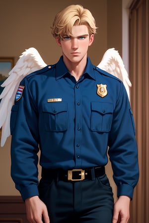 score_9,score_8_up,score_7_up, solo male, Lewis Smith, (blond hair), short hair, sideburns, blue eyes, (American police uniform, black collared shirt, black pants), (upperbody), cowby shot, dutch angel, mature, handsome, charming, alluring, masculine,manly, hunk, look at viewer, perfect anatomy, perfect proportions, best quality, masterpiece, high_resolution, photo background, cinematic still, gorgeous, outdoor
