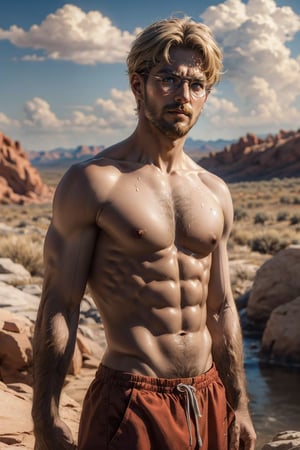 Zeke Yeager, blonde hair, grey-blue eyes, glasses, beard, fit body, (topless), nude, (perfect male body, muscular), abs, hourglass body shape, mature, DILF, masculine, virile, charming, alluring, calm eyes, (standing), (upper body in frame), in very high sky, (red rock desert in background distant, vast steamy smoke on the ground in far horizon), perfect light, only1 image, perfect anatomy, perfect proportions, perfect perspective, 8k, HQ, (best quality:1.5, hyperrealistic:1.5, photorealistic:1.4, madly detailed CG unity 8k wallpaper:1.5, masterpiece:1.3, madly detailed photo:1.2), (hyper-realistic lifelike texture:1.4, realistic eyes:1.2), picture-perfect face, perfect eye pupil, detailed eyes, realistic, HD, UHD, (front view:1.2), look at viewer, Vline, (sweaty, shiny skin), Portrait, bare groin, bare abdomen, pubic 