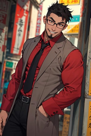 (1 image only), solo male, Jay Chiang, Great Pretender Razbliuto, Asian, Taiwanese, Taipei, black hair, short hair, goatee, thick eyebrows, brown eyes, glasses, (red collared shirt, grey necktie, black wasitcoat), red sleeves, sleeves rolled up, black pants, black shoes, grin, mature, handsome, charming, alluring, standing, upper body, perfect anatomy, perfect proportions, (best quality, masterpiece), (perfect eyes:1.2), perfect hands, high_resolution, dutch angle, cowboy shot