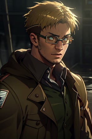 Abel, Attack on Titan, Shingeki no Kyojin, Scout Regiment, uniform of the Scout Regiment, green cloak, goggles, thick-rimmed glasses with bands around head, 1boy, solo, male, man, mature, handsome, manly, blond_hair, short hair, light stubble on chin and cheekbones, intense gaze, gentle expression, soft expression, masculine, handsome, charming, alluring, rugged, black trench coat, black pants, grey vest, dark red cravat, (standing), (upper body in frame), simple background, dark atmosphere, perfect light, perfect anatomy, perfect proportions, perfect perspective, 8k, HQ, (best quality:1.5, hyperrealistic:1.5, photorealistic:1.4, madly detailed CG unity 8k wallpaper:1.5, masterpiece:1.3, madly detailed photo:1.2), (hyper-realistic lifelike texture:1.4, realistic eyes:1.2), picture-perfect face, perfect eye pupil, detailed eyes, realistic, HD, UHD, (front view:1.2), portrait, looking outside frame,perfecteyes,(MkmCut),AttackonTitan,Portrait
