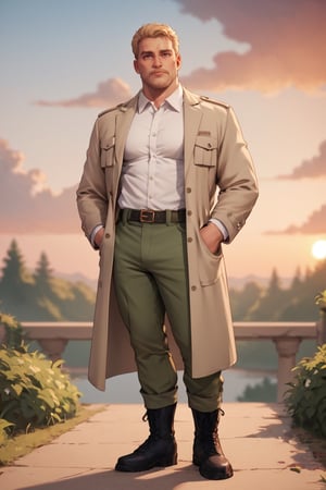 score_9,score_8_up,score_7_up, Reiner Braun, blond hair, short hair, stubble, facial hair, hazel eyes, white collared shirt, light-brown trench coat, (open coat:1.2), military green pants, black combat boots, mature male, solo, standing, perfect anatomy, outdoors, sunset