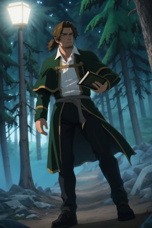 solo male, Sein \(Frieren: Beyond Journey's End\), priest, brown hair, low ponytail, parted bangs, thin hair, stubble, green eyes, white collared shirt, (shirt white hems, untucked shirt:1.3), dark coat with a golden accent, dark capelet, dark sleeves, black pants, black footwear. open coat, mature, handsome, charming, alluring, serious, intense eyes, fighting stance, light beam, (night, dark) holding a book, magic, glowing, perfect anatomy, perfect proportions, best quality, masterpiece, high_resolution, dutch angle, cowboy shot, photo background, forest, Balance and coordination between all things), real light and shadow, perspective, composition, adventurous, energy, exploration, contrast, experimental, unique, cinematic, atmospheric, epi, ultrarealsitc