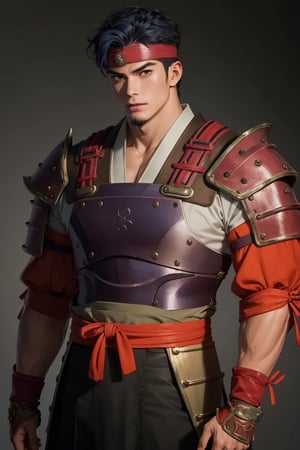 solo male, Kibito Araka, Kabaneri of the Iron Fortress, short hair, dark blue hair, brown-golden eyes, goatee, muscular build, tall, samurai armor, white Juban \(kimono\)
, (orange Haidate \(armored Skirt\)), orange plated cuirass, red waistband, padded sleeves, khaki pants, brown gauntlet, fingerless gauntlet, purple armored faceplate, black puttee, sandals, mature, handsome, charming, alluring, standing, upper body, perfect anatomy, perfect proportions, best quality, masterpiece, high_resolution, dutch angle, cowboy shot, photo background,1boy,photo of ofrlev person