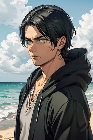 Eren Jaeger(black hair,:1.2), (grey-green eyes:1.4), fit body, shirt, ( black jacket, long sleeves, open clothes, hood, hood down), collarbone, charming, alluring, dejected, depressed, sad, (standing), (upper body in frame), simple background(beach, sunny day, endless ocean, mid day), backlight, cloudy blue sky, perfect light, only 1 image, perfect anatomy, perfect proportions, perfect perspective, 8k, HQ, (best quality:1.5, hyperrealistic:1.5, photorealistic:1.4, madly detailed CG unity 8k wallpaper:1.5, masterpiece:1.3, madly detailed photo:1.2), (hyper-realistic lifelike texture:1.4, realistic eyes:1.2), picture-perfect face, perfect eye pupil, detailed eyes, realistic, HD, UHD, (front view, symmetrical picture, vertical symmetry:1.2), look at viewer, tear in eyes,erenad