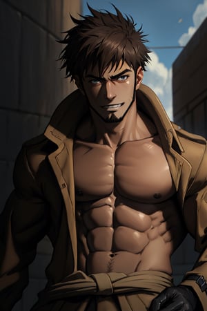 solo male, Genma Shizume, Asian, Japanese, black hair, chinstrap beard, sideburns, black eyes, calm eyes, slitty eyes, intense gaze, (topless, bare chest, bare neck, bare belly), (light brown trench coat, open trench coat:1.2), black pants, black gloves, mature, masculine, handsome, charming, allurin, grin, smile, upper body, perfect anatomy, perfect proportions, (best quality, masterpiece, high_resolution:1.3), (perfect eyes, perfecteyes:1.3),perfecteyes