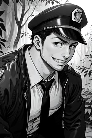 (1 image only), solo male, Agawa Daigo, Gannibal, Asian ,Japanese, black hair, short hair, thin stubble, black eyes, policeman, white collared shirt, dark blue necktie, black jacket, long sleeves, black sleeves, (buttoned up jacket), dark blue pants, black shoes, police peaked cap, (adjusting cap), mature, handsome, charming, alluring, perfect anatomy, perfect proportions, rural, pastoral, forest, creep, suspense, horror, bloody, manga, greyscale, monochrome, (manga brushwork style, traditional drawing), (portrait
, close-up), looking_at_viewer, grin, upperbody, HORROR