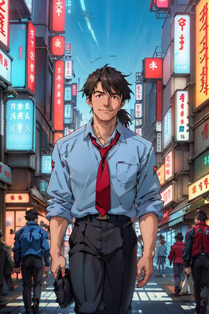 (1 image only), solo male, Ryoji Kaji, Neon Genesis Evangelion style, Asian, Japanese, dark brown hair, bangs, short ponytail, dark brown eyes, (thin stubble), pure blue collared shirt, red sleeves rolled up, necktie, black pants, smile, (mature, masculine), handsome, charming, alluring, perfect anatomy, perfect proportions, (best quality, masterpiece), ((perfect eyes, perfect eye pupil)), perfect hands, high_resolution, dutch angle, standing, (simple blue ocean background, simple blue sky, sunny), walking, (black jacket over shoulder), Tokyo-3, cyberpunk, neon-lit cityscapes, futuristic