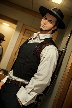 solo male, Kenny Ackerman, Attack on Titan Anime style, brown hair, hair slicked back, grey eyes, sideburns, thin beard along jawline, white collared shirt, long sleeves, (simple black vest, long vest), black pants, (dark fedora hat), (vertical maneuvering equipment, silver color armor, holster), athletic build, middle-age, mature, handsome, charming, alluring, smirk, perfect anatomy, perfect proportions, best quality, masterpiece, high_resolution, dutch angle, indoor, vintage bar, looking_at_viewer