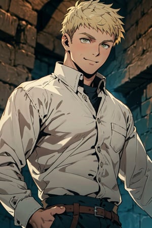 (1 image only), solo male, 1boy, Laios Touden, Delicious in Dungeon, knight, blond hair, short hair, light gold eyes, average height, ((white medieval long sleeve shirt)), light-color pants, brown boots, slight smile, handsome, charming, alluring, standing, upper body in frame, perfect anatomy, perfect proportions, 2d, anime, (best quality, masterpiece), (perfect eyes, perfect eye pupil), high_resolution, dutch angle, dungeon location, (Hands:1.1), better_hands