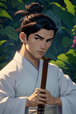 (1 image only), solo male, Samurai Jack, Cartoon Network style, Asian, Japanese, black hair, short topknot, single topknot, black eyes, geta, white kimono, white sashes, wide sleeves, mature, handsome, charming, alluring, uperfect anatomy, perfect proportions, (best quality, masterpiece), perfect hands, high_resolution, dutch angle, cowboy shot, fine art, (2d, flat), (single placket), swordup, looking at viewer, close-up,(Holding sword in front of face)