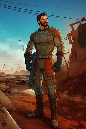 solo male, Paladin Danse, Fallout 4, short hair, warm black hair, light brown eyes, beard, orange-gray Brotherhood of Steel uniform, orange-gray bodysuit, gloves, boots, mature, handsome, charming, alluring, standing, upper body, perfect anatomy, perfect proportions, best quality, masterpiece, high_resolution, dutch angle, cowboy shot, photo background, ruined overhead interstate, Fallout 4 location, post-apocalyptic ruins, desolated landscape, dark blue sky