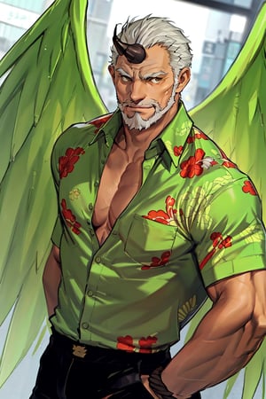 (1 image only), solo male, bara, Hogen, Tokyo Afterschool Summoners, Asain, Japanese, Tengu, old man, white hair, short hair, gold eyes, thick eyebrows, facial hair, beard, single small skin-color horn, Tokin headwear, tengu-geta, green hawaiian shirt, ((partially unbuttoned shirt, untucked shirt)), black police pants, mature, handsome, charming, alluring, standing, upper body in frame, perfect anatomy, perfect proportions, 2D, anime, (best quality, masterpiece), (perfect eyes, perfect eye pupil), high_resolution, dutch angle, Tokyo city street, better_hands, green wings