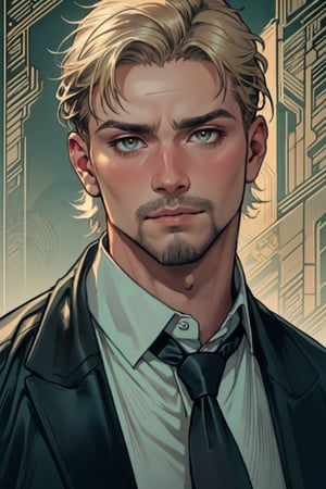 (1 image only), solo male, reiner braun, hazel eyes, blond hair, short hair, bare forehead, (facial hair, stubble), (pure light-blue collared shirt1.2, deep-blue necktie:1.2, black pants), (tucked-in shirts), mature, manly, hunk, masculine, virile, confidence, charming, alluring, slight smile, standing, upper body in frame, (1920s artdeco style luxury black and gold pattern background:1.2), perfect anatomy, perfect proportions, 8k, HQ, (best quality:1.5, hyperrealistic:1.5, photorealistic:1.4, madly detailed CG unity 8k wallpaper:1.5, masterpiece:1.3, madly detailed photo:1.2), (hyper-realistic lifelike texture:1.4, realistic eyes:1.2), picture-perfect face, perfect eye pupil, detailed eyes,perfecteyes,neon_nouveau