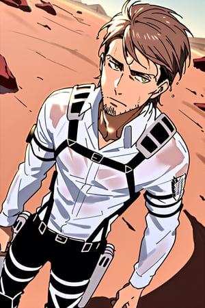 score_9, score_8_up, score_7_up, solo male, , Jean Kirstein, brown hair, light-brown eyes, thin eyebrows, facial hair, stubble, white collared shirt, wet shirt, long sleeves, black pants, three-dimensional maneuver gear, black combat boots, handsome, charming, alluring, full body, perfect anatomy, perfect proportions, best quality, masterpiece, high_resolution, dutch angle, cowboy shot, red rock desert background, (perfect face, perfect eyes:1.3)