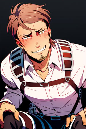 Gay man,  score_9,score_8_up,score_7_up, male receiver  Jean Kirstein, brown hair, light-brown eyes, thin eyebrows, facial hair, stubble, white collared shirt, long sleeves, dark pants, three-dimensional maneuver gear, straps, perfect anatomy, kneeling, blush, smirk, awkward, innocent face, look up, spread legs,masterpiece, hands on knee,JeanKirstein