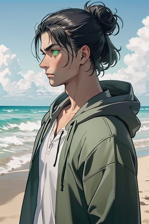 erenad(black hair,:1.2),hair bun, (grey-green eyes:1.4), fit body, shirt, ( jacket, long sleeves, open clothes, hood, hood down), collarbone, charming, alluring, dejected, depressed, sad, (standing), (upper body in frame), simple background(beach, sunny day, endless ocean, mid day), backlight, cloudy blue sky, perfect light, only 1 image, perfect anatomy, perfect proportions, perfect perspective, 8k, HQ, (best quality:1.5, hyperrealistic:1.5, photorealistic:1.4, madly detailed CG unity 8k wallpaper:1.5, masterpiece:1.3, madly detailed photo:1.2), (hyper-realistic lifelike texture:1.4, realistic eyes:1.2), picture-perfect face, detailed eyes, realistic, HD, UHD, front view, tear in eyes ,Eren Jaeger 