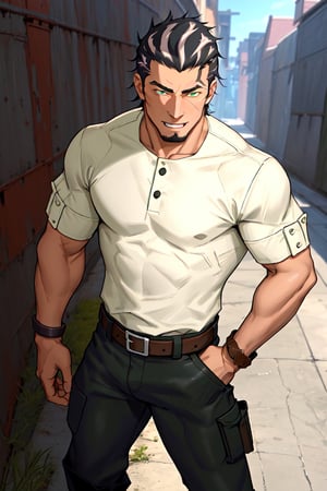 (1 image only), solo male, Kaburagi, Deca Dence, grey-streaked black hair, slicked back hair, thick eyebrows, sideburns, goatee, green eyes, scar, tucked-in wide necked short-sleeved shirt, sleeves tucked up and buttoned, olive wide pants, brown boots. black belt tied. leather bracelet, toned male, mature, handsome, charming, alluring, grin, standing, upper body, perfect anatomy, perfect proportions, best quality, masterpiece, high_resolution, dutch angle, cowboy shot, outdoors, day, science fiction, photo background,Kaburagi